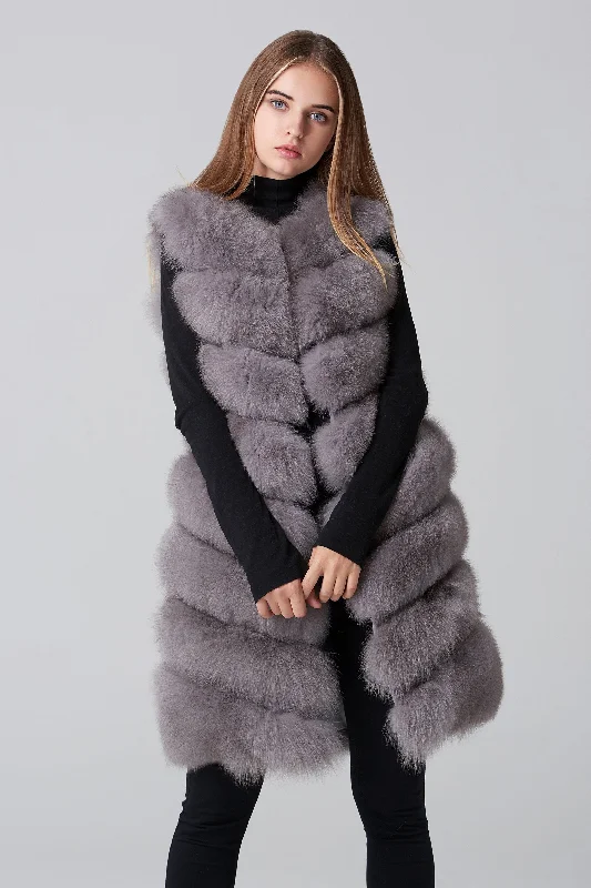 Grey Square Knee Length Fox Fur Coat Puff Sleeve Overcoat