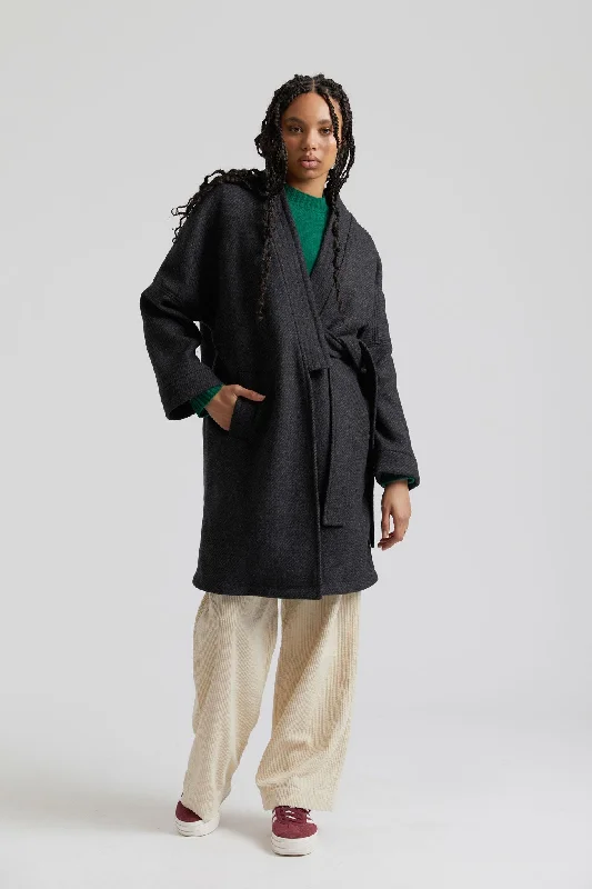 Kaia Wool Blend Twill Coat Charcoal Double-Layered Poncho