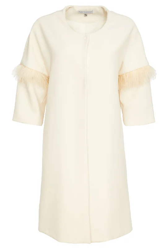 Kate Cooper 164 Linen Cream Coat with Feather Trim Sleeve Military-Inspired Jacket