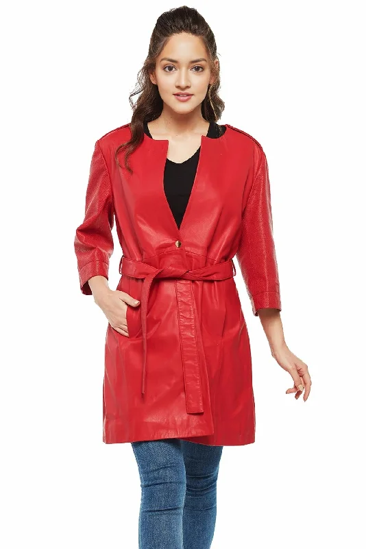 Lauren Red Center Belt Women Leather Coat Modern Asymmetric Coat