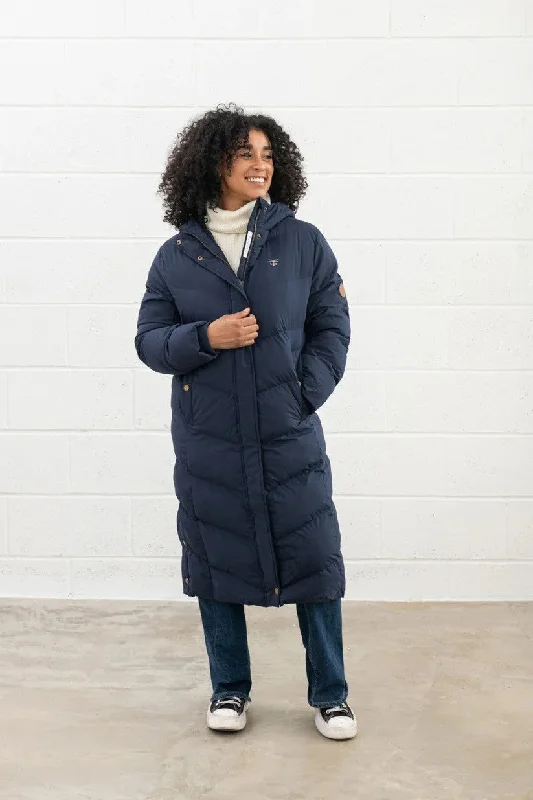 Lighthouse Ladies Relaxed Fit Long Water Repellent Savannah Padded Coat-NAVY Fuzzy Sherpa Pullover