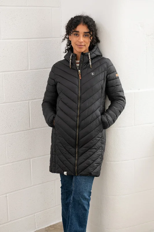 Lighthouse Ladies Water Repellent Insulated Hooded Laurel Mid Length Coat-BLACK Sleek Leather Jacket