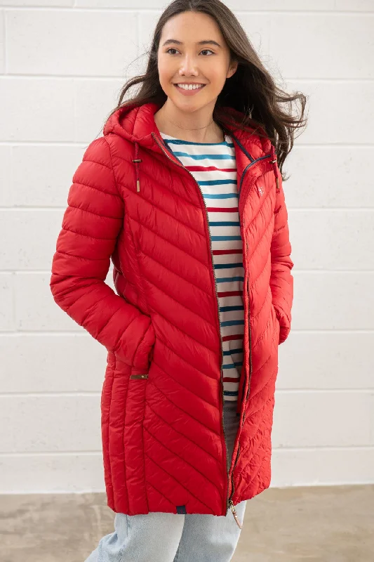 Lighthouse Ladies Water Repellent Insulated Hooded Laurel Mid Length Coat-RED Fitted Tailored Blazer