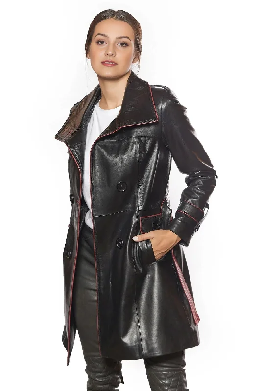 Liliana Black Stylish Red LIning Leather Coat For Women Zipper Front Biker Jacket