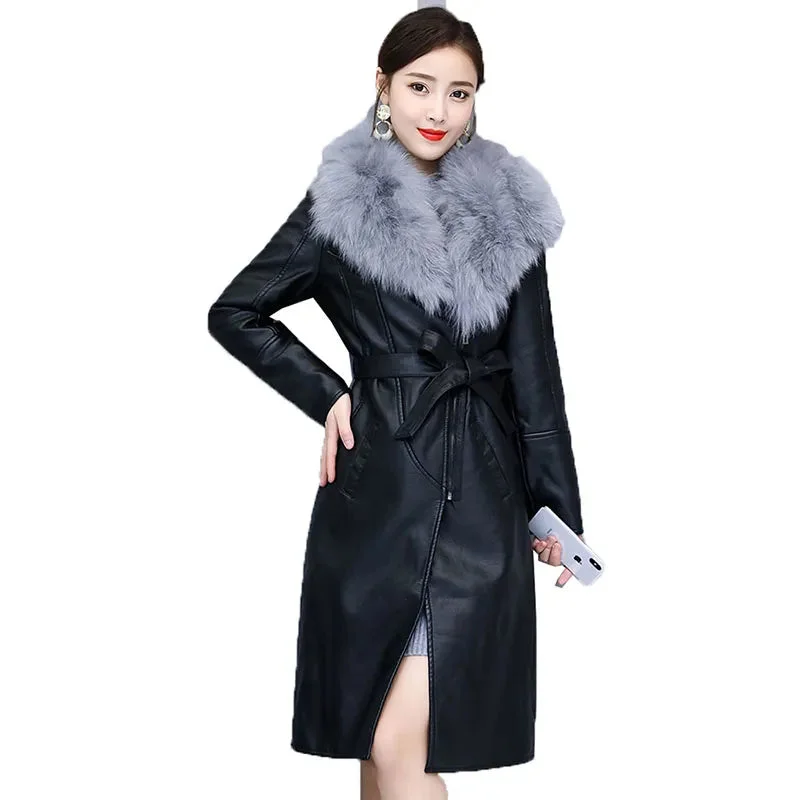 Long Leather Coat Female Outerwear With Belt M-4XL Warm Down Parka