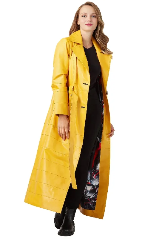 Mary Long Yellow Leather Coat With Center Belt For Women Soft Thermal Overcoat