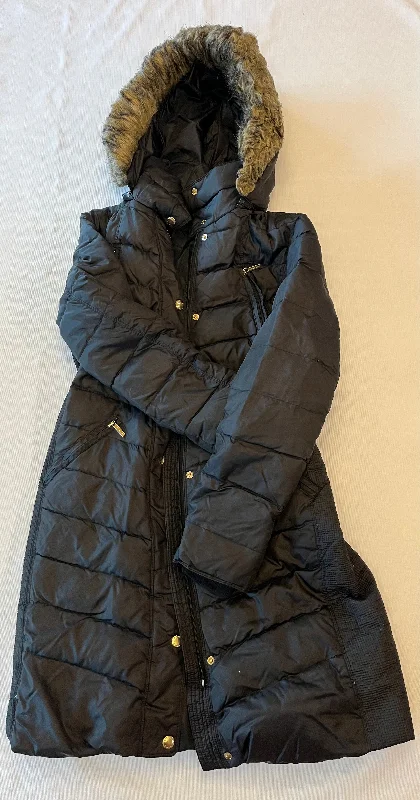 Michael Kors Black Knee Length Down Puff Coat Fur Hood Women size Small Adjustable Waist Parka