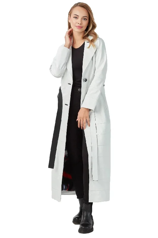 Natalia White Long Leather Coat For Women Thick Layered Jacket