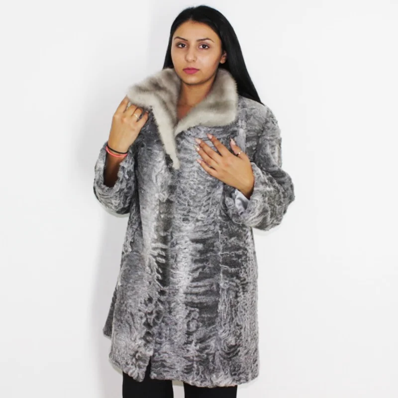 NI Astrakhan grey coat with sapphire mink collar Puff Shoulder Coat