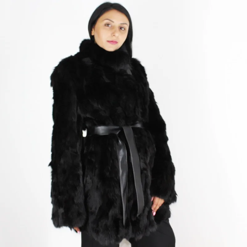 OMIKRON Black colored lynx pieces coat Puff Sleeve Overcoat