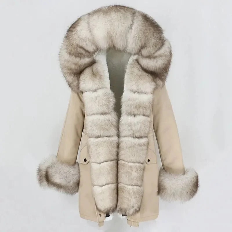 Women Real Fur Hood Coat Natural Real Fur Collar Loose Long Parkas Big Fur Outerwear Detachable Fur-Lined Aviator Coat