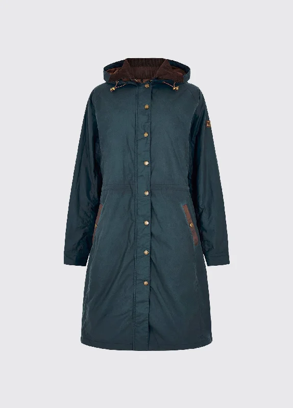 Redington Ladies Long Wax Coat - Storm Blue Checkered Wool Shacket