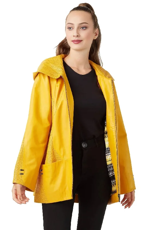 Rihanna Yellow Leather Coat With Hood For Women Functional Travel Jacket