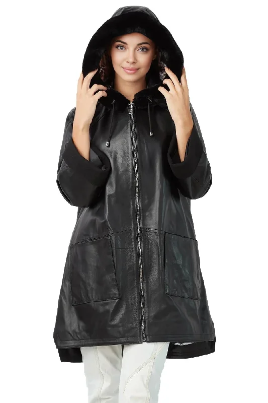 Riley Black Leather Coat For Women With Hood Warm Hooded Poncho