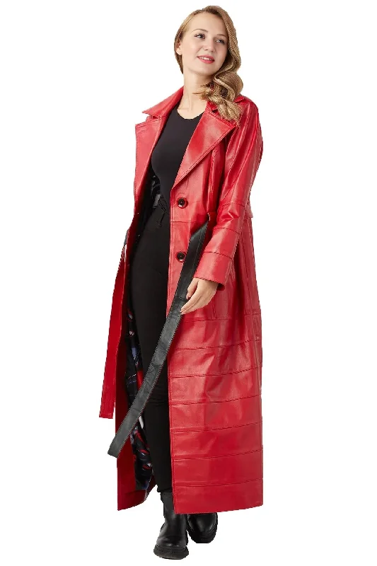 Rose Red Long Leather Coat With Center Belt For Women Military-Inspired Jacket