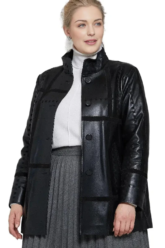 Serenity Women Black Leather Coat Adjustable Waist Parka