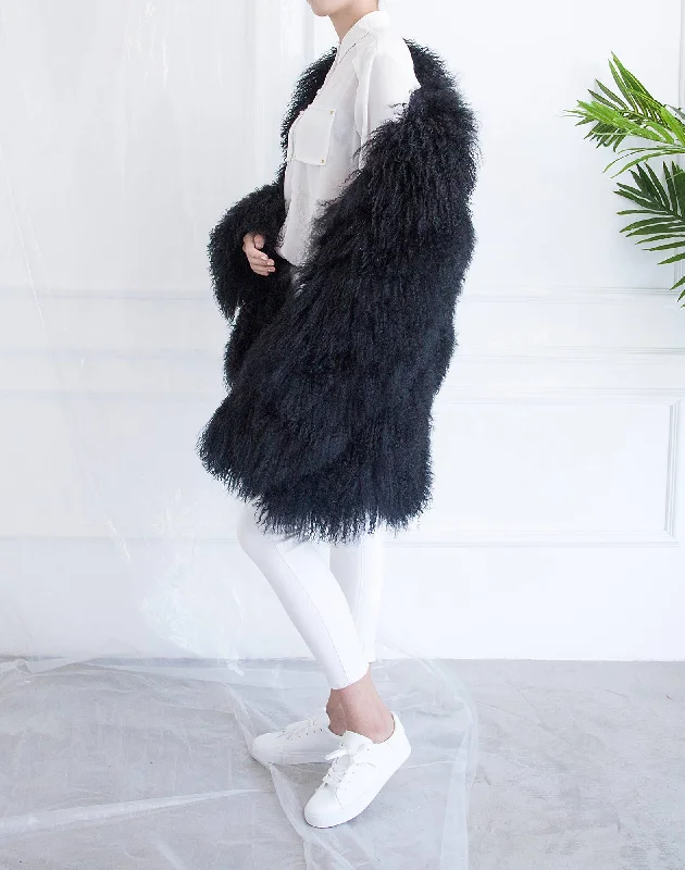 Shearling Car Coat Black Flowy Lightweight Kimono