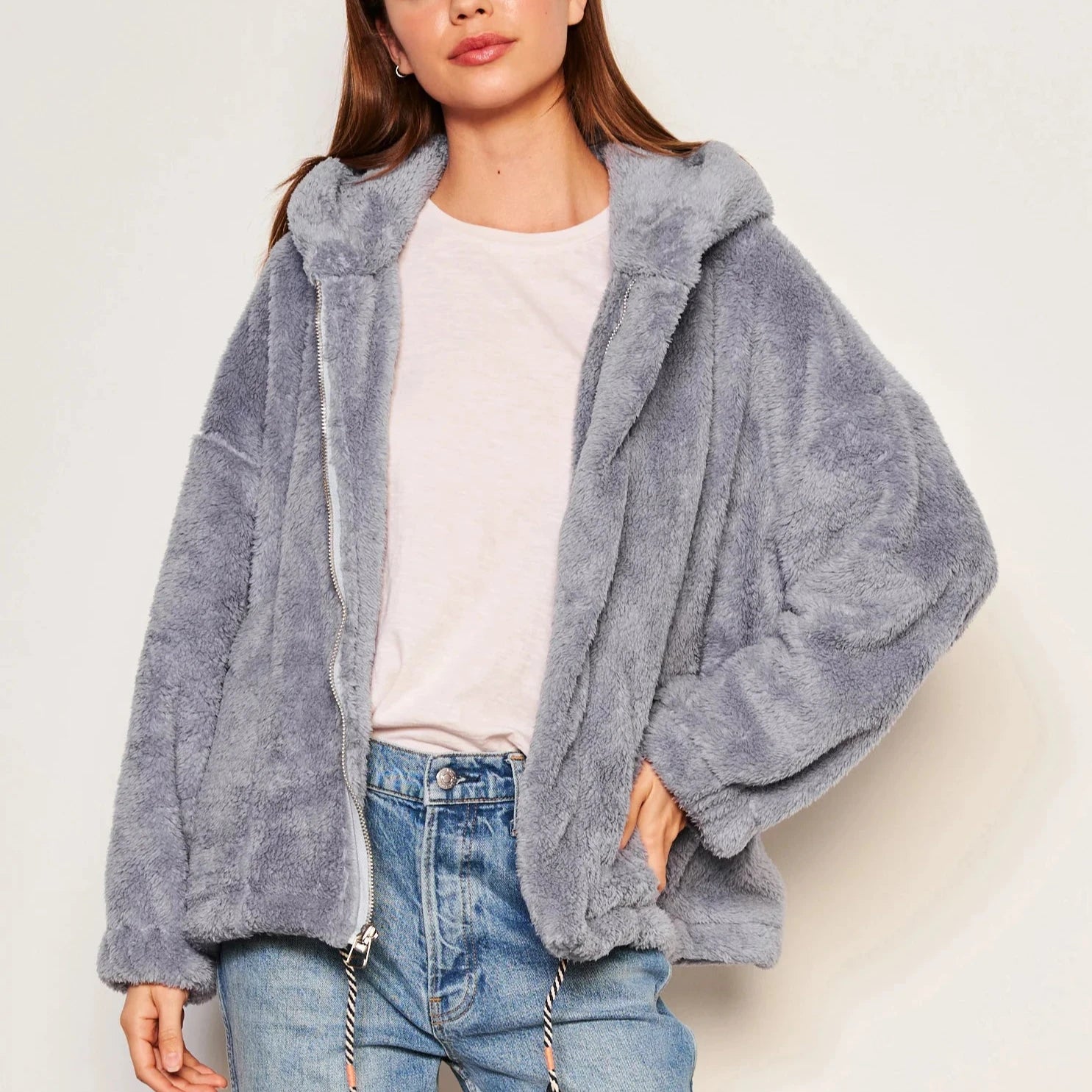 Sherpa Hooded Coat | Blue Linen Ultra-Light Down Coat