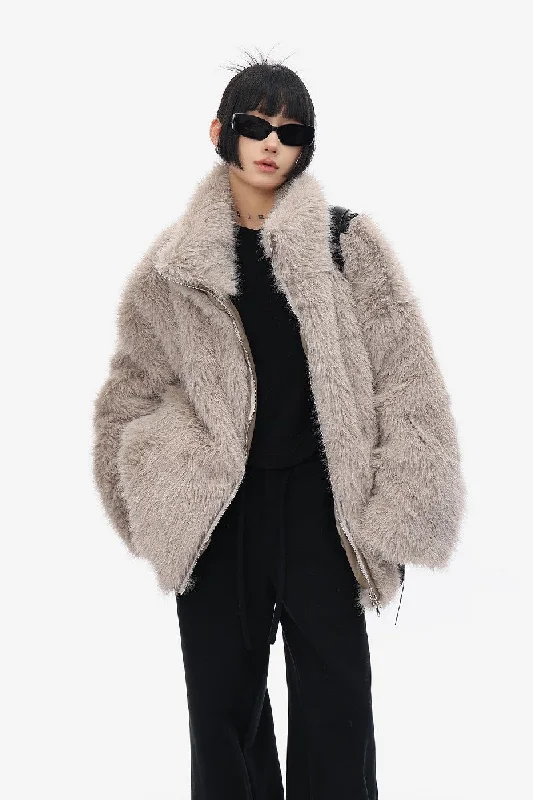 Winter Vegan Fur Coat Belted Wool Overcoat