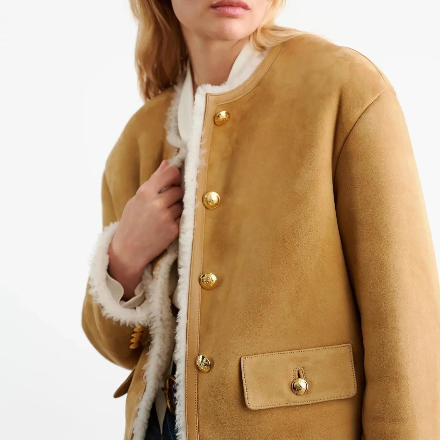 Nili Lotan - Zanie Short Shearling Coat in Tan/Natural Relaxed Utility Shacket