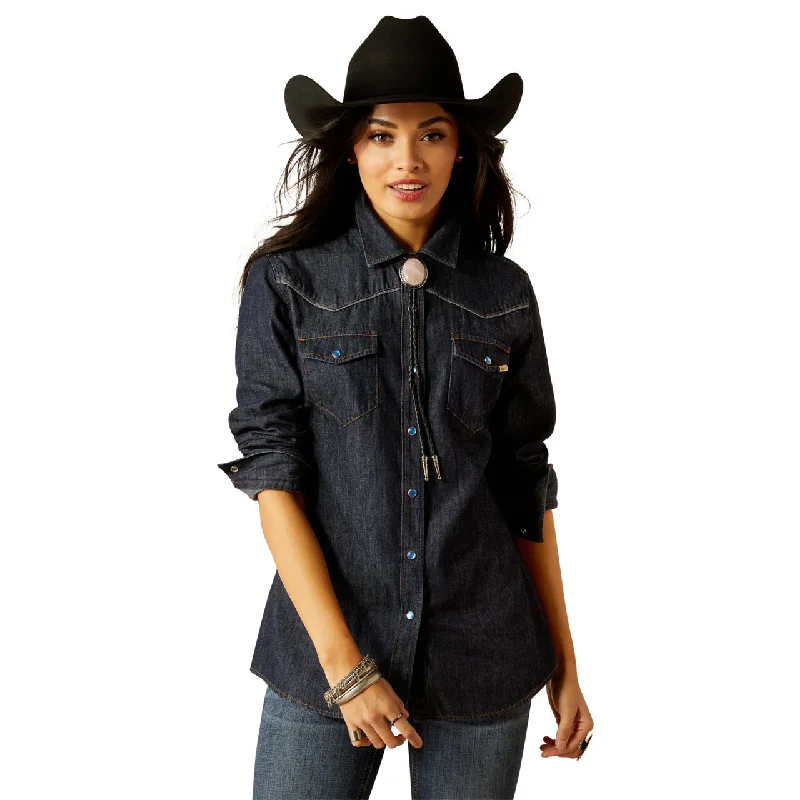 Ariat Ladies Farriday Rinse Denim Snap Button Shirt 10051882 Zippered Buttoned Snapped