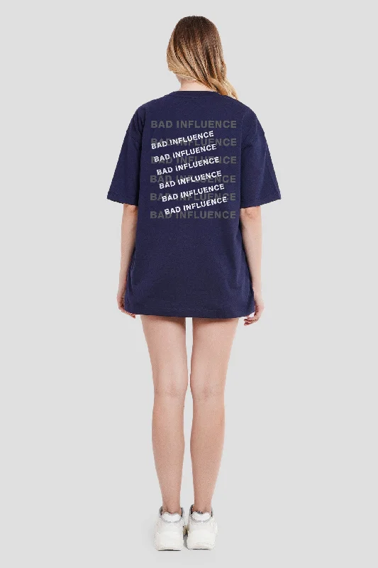 Bad Influence Navy Blue Oversized Fit T-Shirt Women Collared Crew Neck Turtle Neck