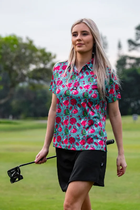 CA Ladies Funky Golf Shirt | Tropical Flamingo Anti-Shrink Durable Soft