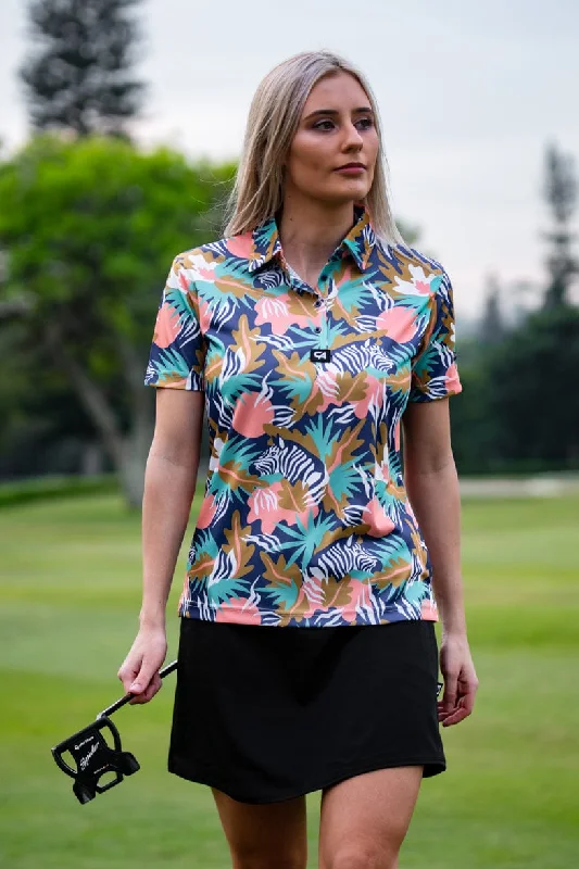 CA Ladies Funky Golf Shirt | Zebra In The Wild Modern Contemporary Chic