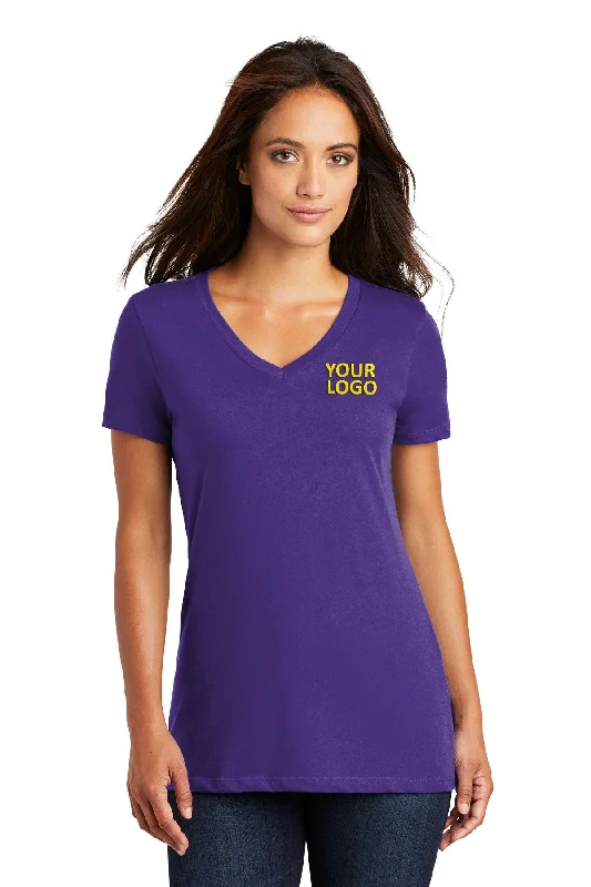 District Made Ladies Perfect Weight V-Neck Tee's, Purple Houndstooth Herringbone Solid