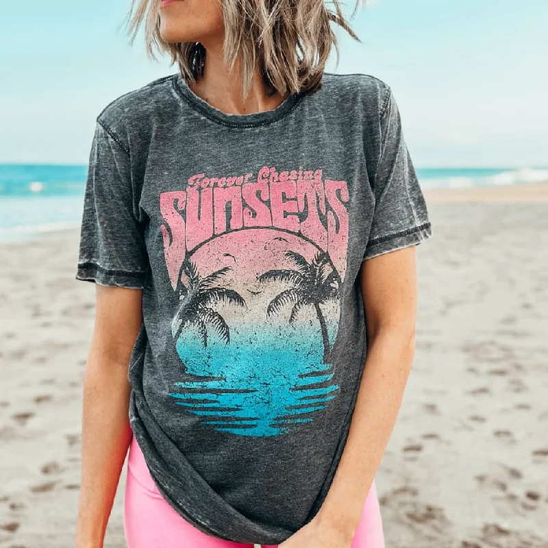 Forever Chasing Sunsets Acid Wash Tee Ribbed Striped Patterned