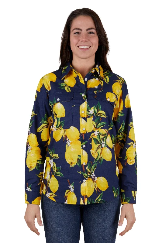 Hard Slog Ladies Sana Full Placket L/S Shirt - Navy/Yellow - H4W2101200 Chenille Brocade Lace