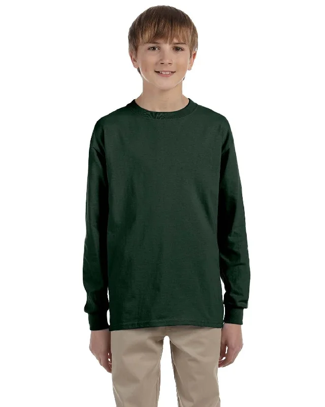 Jerzees Youth 5.6 oz. 50/50 Heavyweight Blend Long Sleeve T-Shirt | Forest Green Hooded Caped Shawl Collar