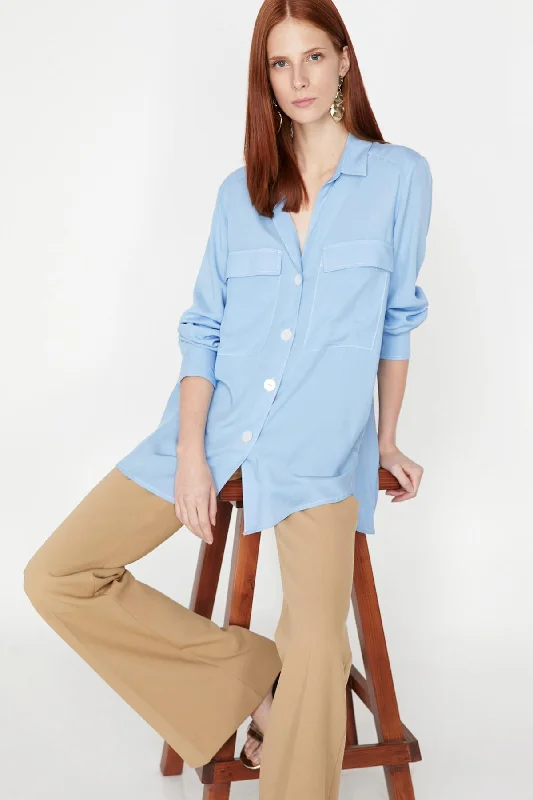 Women Blue Shirt Front Pockets Side Pockets Patch Pockets