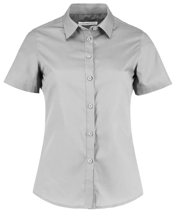 Light Grey - Women's poplin shirt short sleeve Striped Floral Plaid