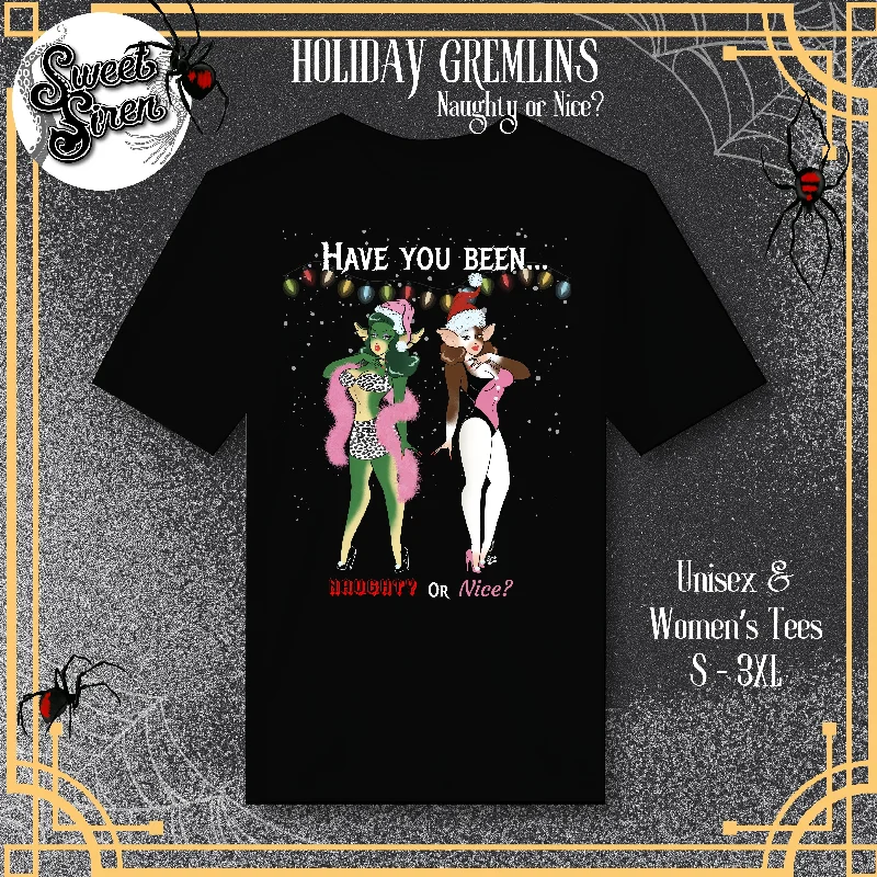 Naughty or Nice Gremlin Babes - Unisex Tee Asymmetrical Pockets Print