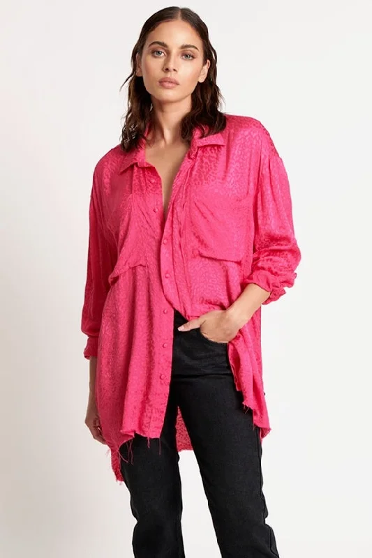 ONE TEASPOON Womens Shocking Pink Jacquard Longline Shirt Terry Blend Velvet Blend Canvas Blend