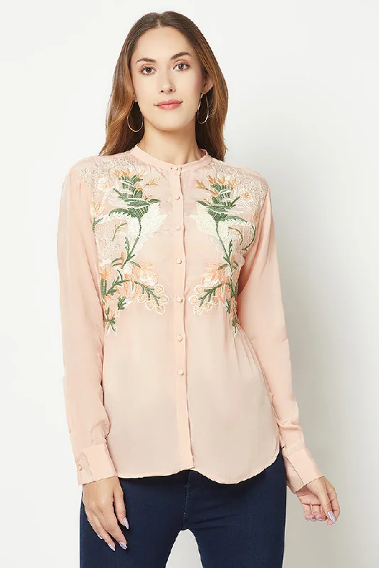 Peach Embroidered Silk Shirt Mesh Blend Leather Blend Suede Blend