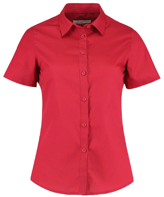 Red - Women's poplin shirt short sleeve Zippered Front Buttoned Front Snap Front