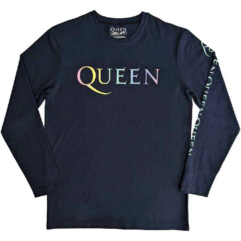 SALE | Queen | Official Band Long Sleeve T-Shirt | Rainbow Crest (Back & Sleeve Print) Basic T-Shirt Crew Neck Short Sleeve