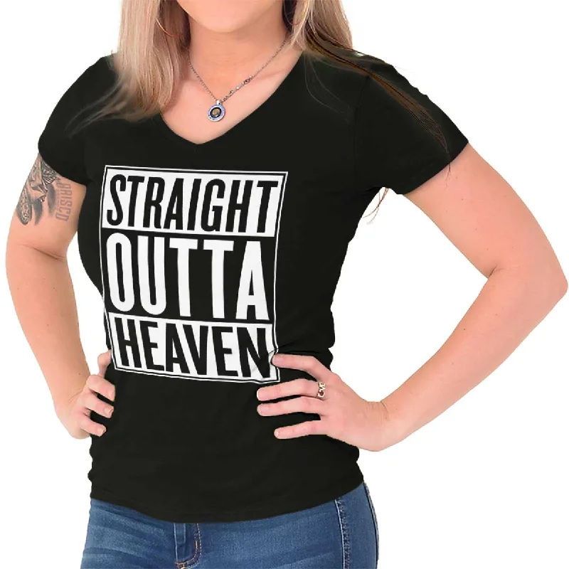 Straight Outta Heaven Junior Fit V-Neck T-Shirt Zippered Buttoned Snapped