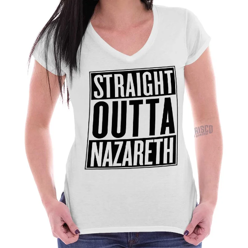 Straight Outta Nazareth Junior Fit V-Neck T-Shirt Zippered Front Buttoned Front Snap Front