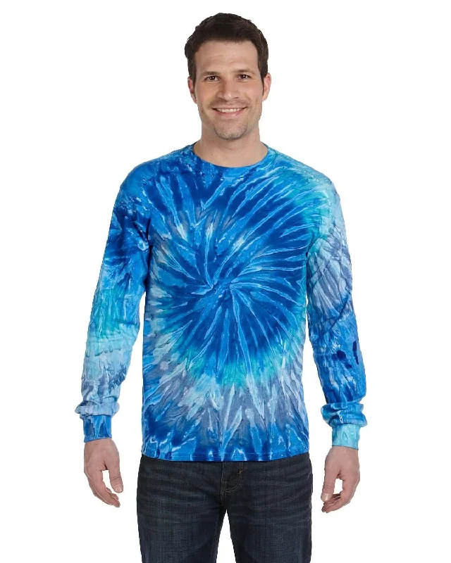 Tie-Dye 100% Cotton Long Sleeve Tie-Dyed T-Shirt | Blue Jerry Collared T-Shirt Boat Neck A-Line