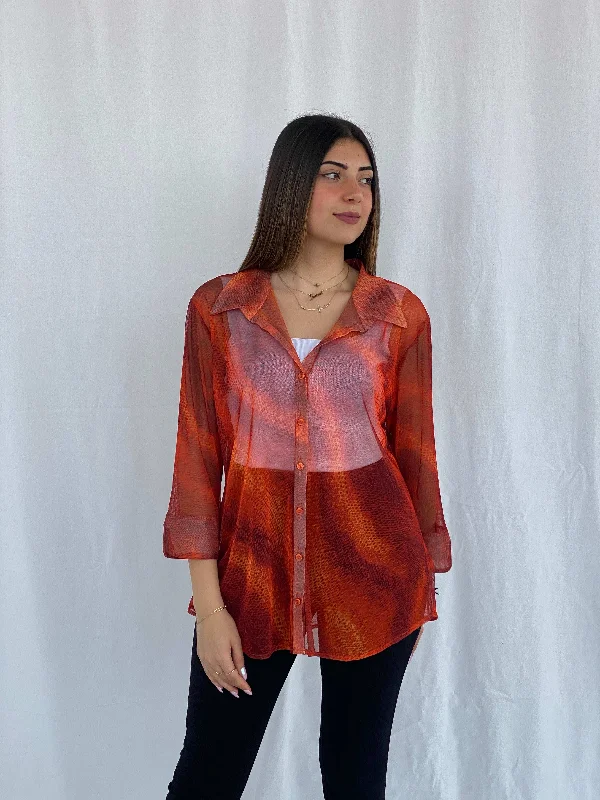 Vintage Ashley Stewart Orange Mesh Shirt Size L/XL Sequined Glittery Shiny