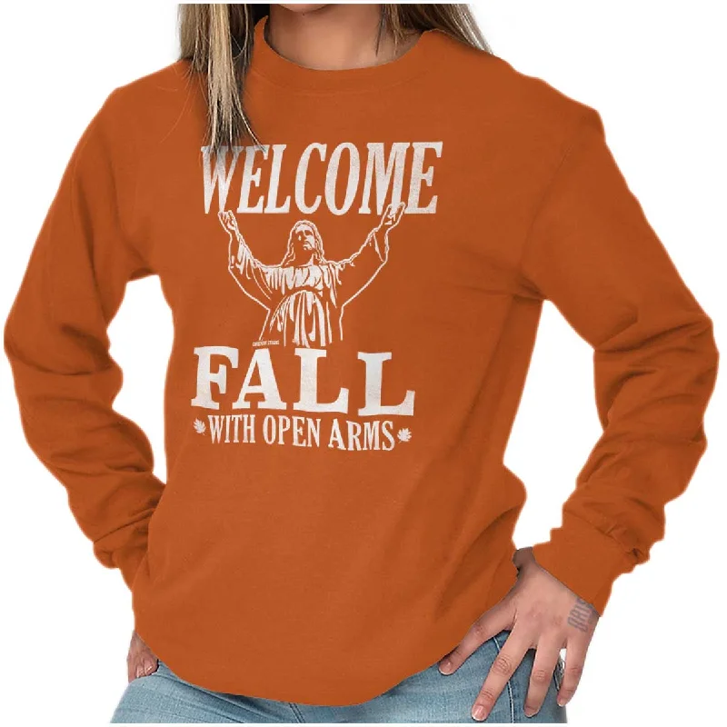 Welcome Fall Long Sleeve T Shirt Mesh Blend Leather Blend Suede Blend