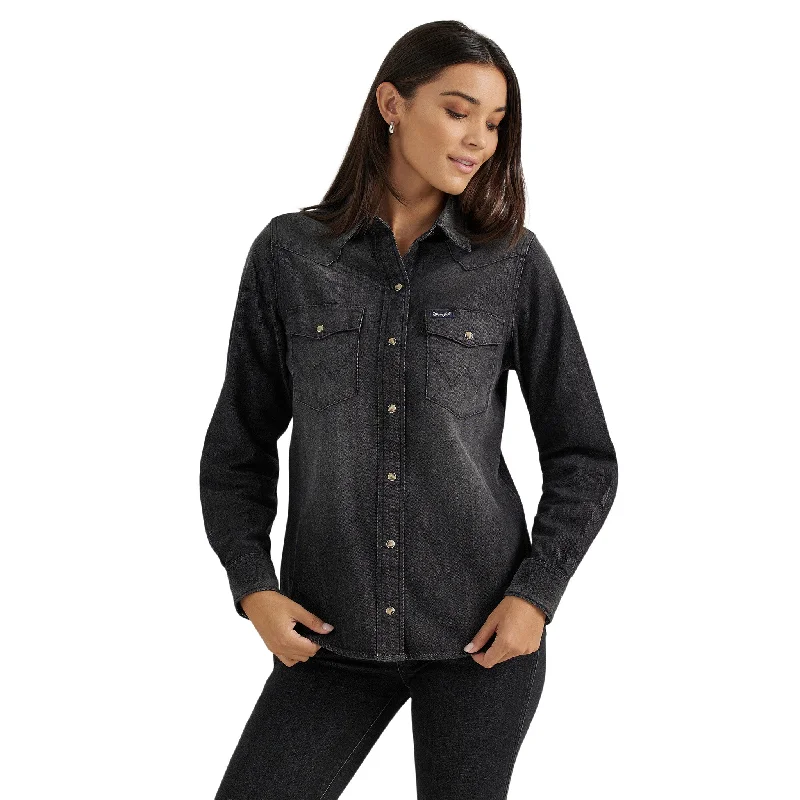 Wrangler Women's Black Denim Shirt Hooded Caped Shawl Collar