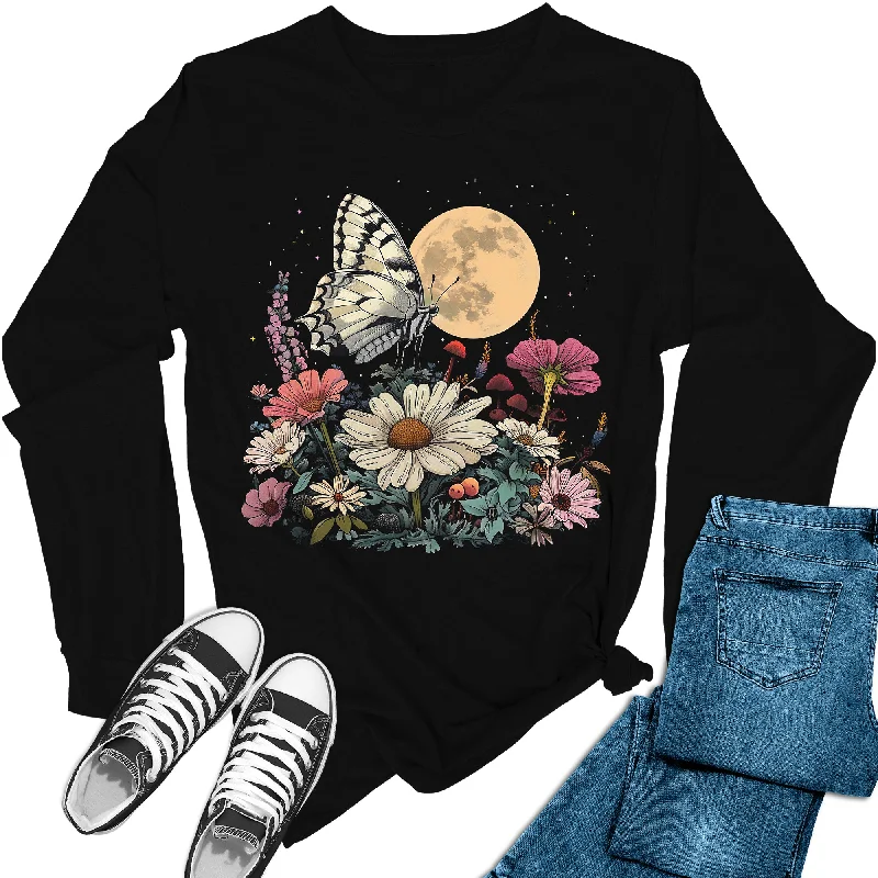 Women's Moon Floral Butterfly Long Sleeve Graphic Tees Thin T-Shirt Open Front Quick Dry