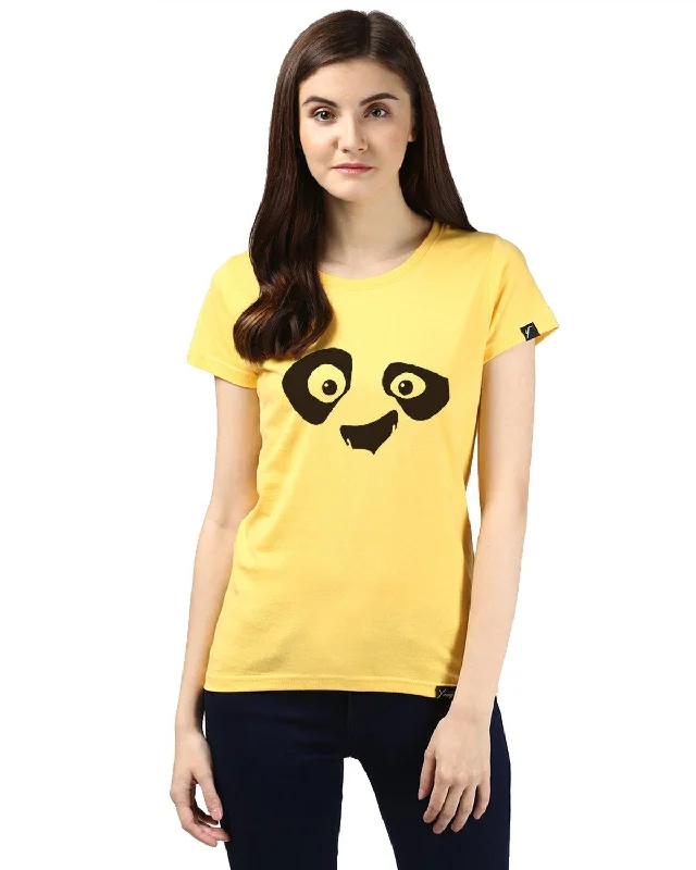 Womens Half Sleeve Pandaeyes Printed Yellow Color Tshirts V-Neck T-Shirt Long Sleeve Cotton