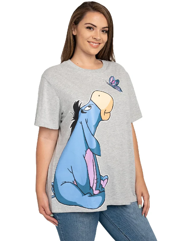 Women's Plus Size Disney Eeyore Butterfly Short Sleeve T-Shirt Heather Gray Elasticated Padded Insulated