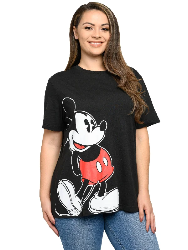 Womens Plus Size Disney Mickey Mouse T-Shirt Short Sleeve Side Leaning Black Print Jacquard Patchwork