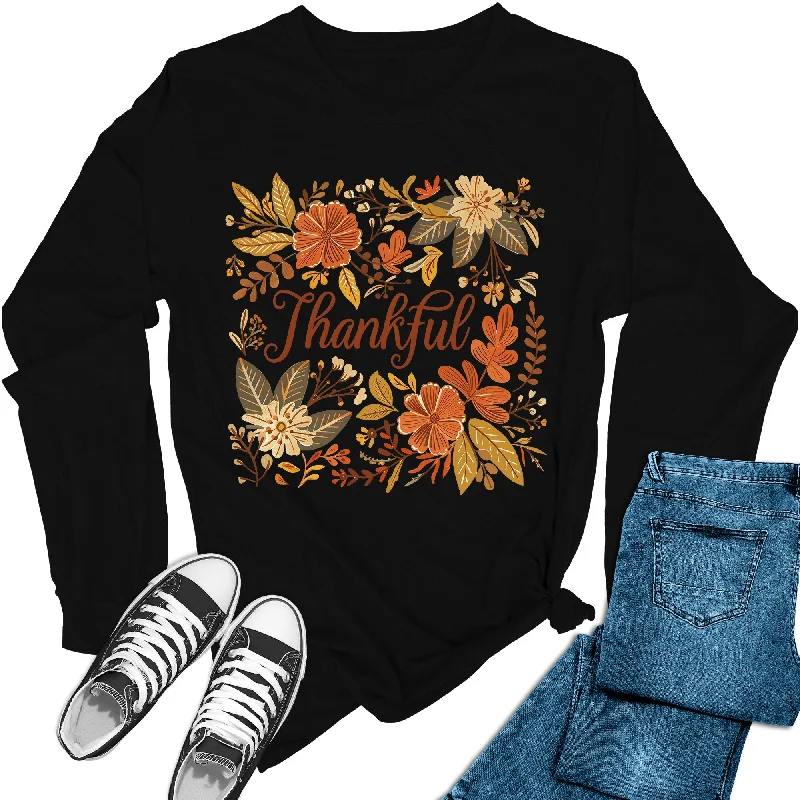 Women's Thankful Autumn Fall Long Sleeve Graphic Tees Elegant Classic Vintage